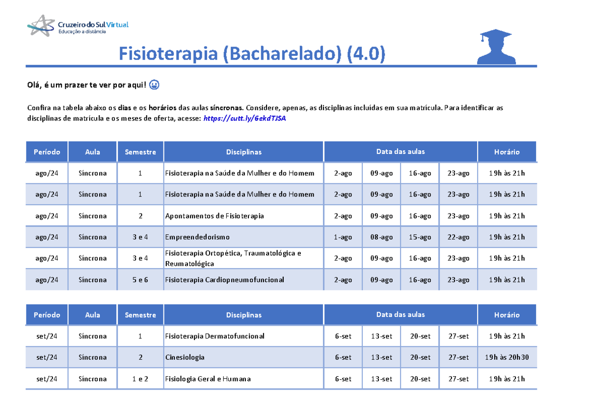 Fisioterapia - Fisio - Período Aula Semestre Disciplinas Horário ago/24 ...