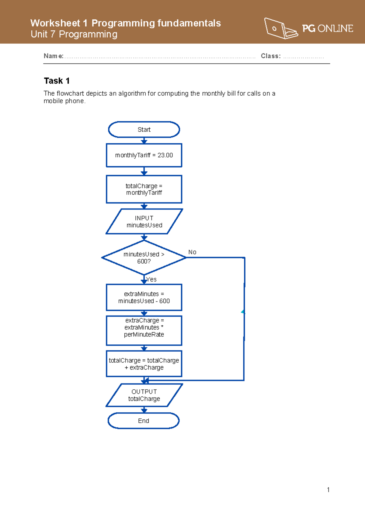 Unit 7 Programming Fundamentals: Worksheet 1 on Algorithms and ...