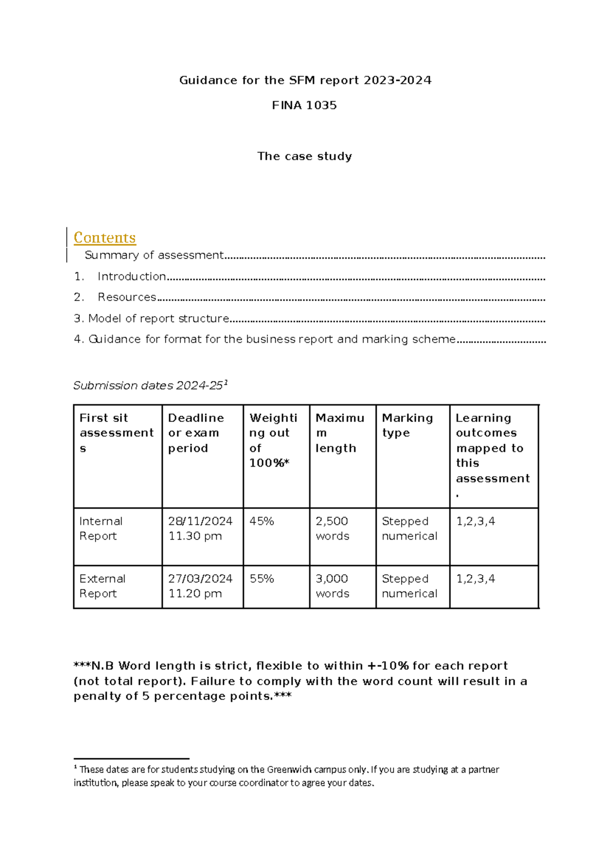 Guidance for SFM Report - FINA 1035 Case Study 2023-24 - Studocu