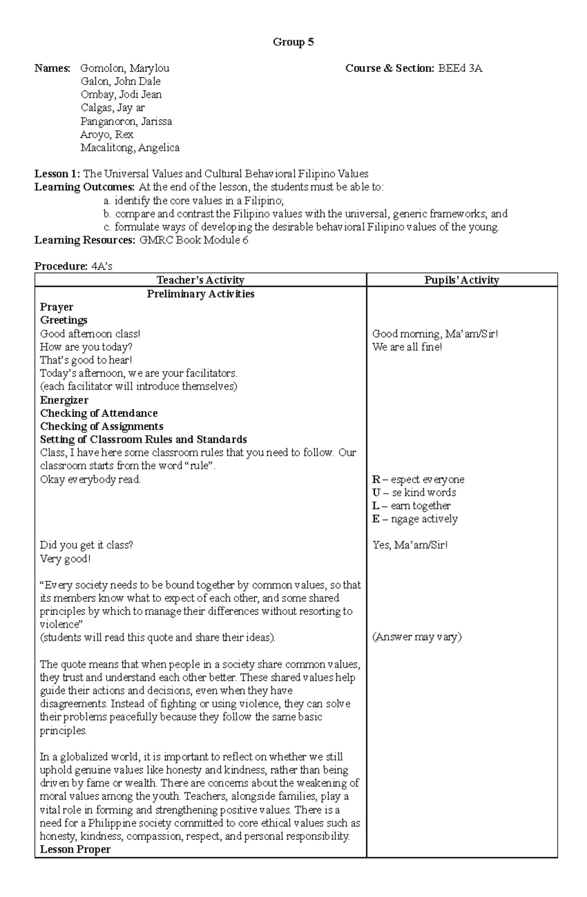 GMRC Syllabus for BEED EEd Course - Second Sem 2024-2025 - Studocu