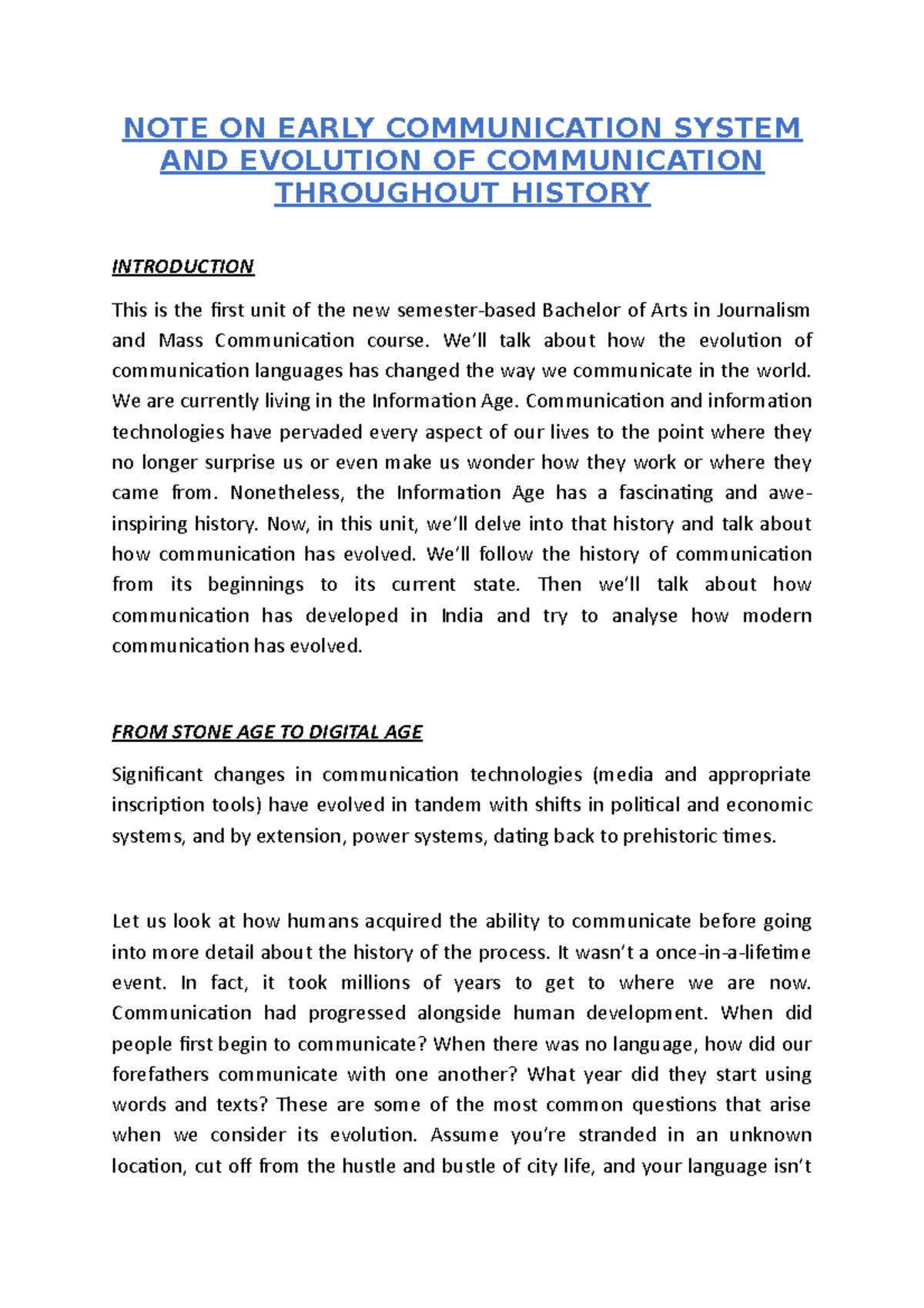 NOTE ON Early Communication System AND Evolution OF Communication ...
