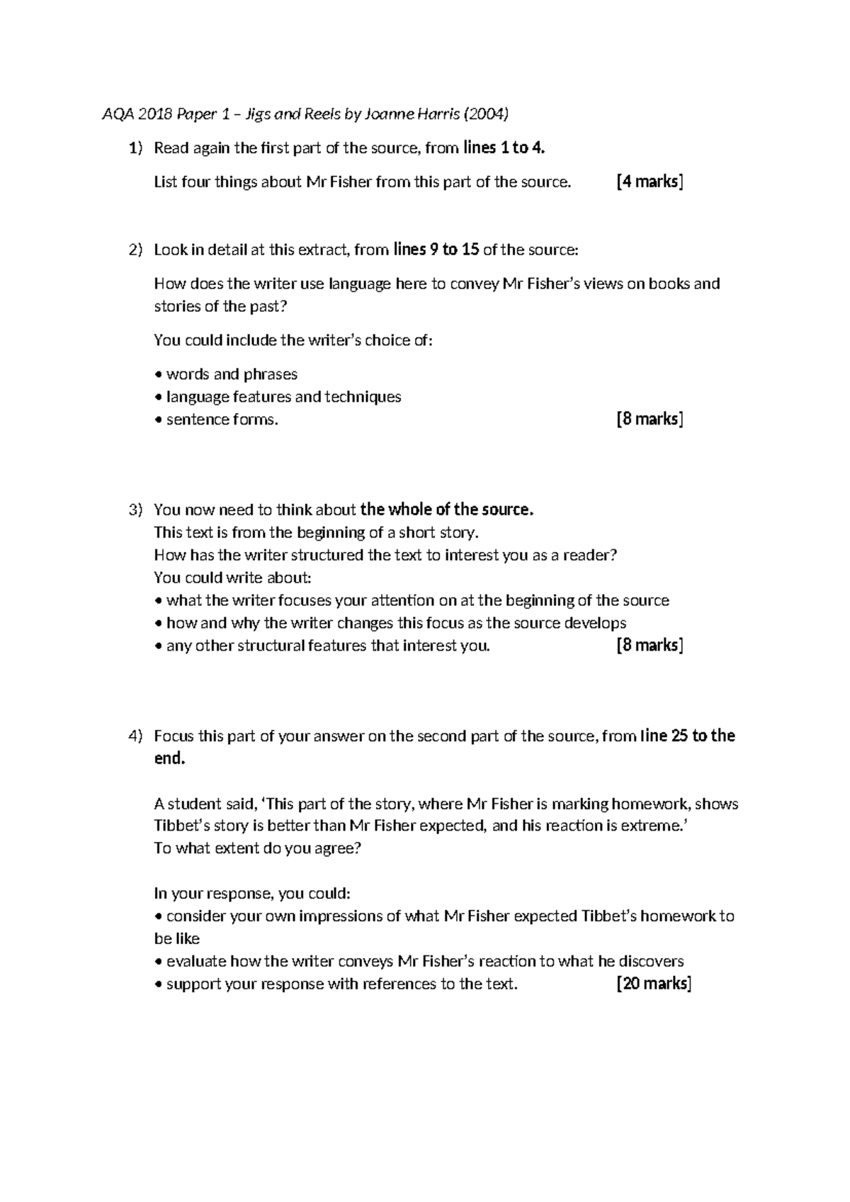 AQA 2018 Paper 1 Exam Questions - Jigs and Reels Analysis - Studocu