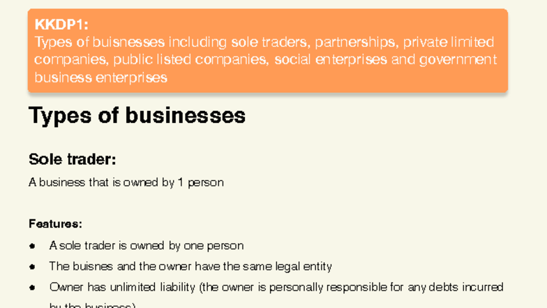 KKDP1: Types of Businesses - Sole Traders, Partnerships, and More - Studocu