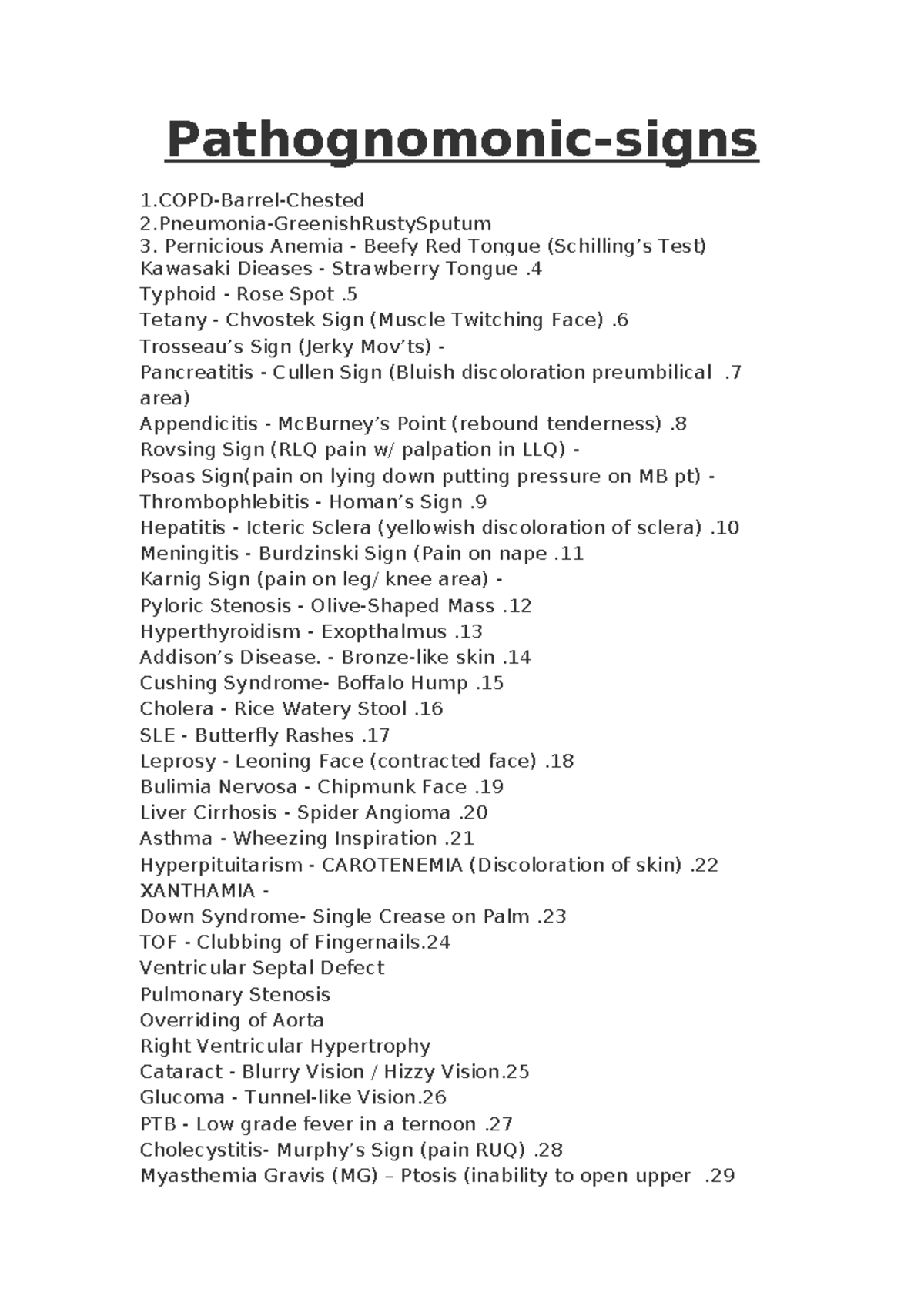 Pathognomonic Signs - Detailed Review Notes for Medical Students - Studocu