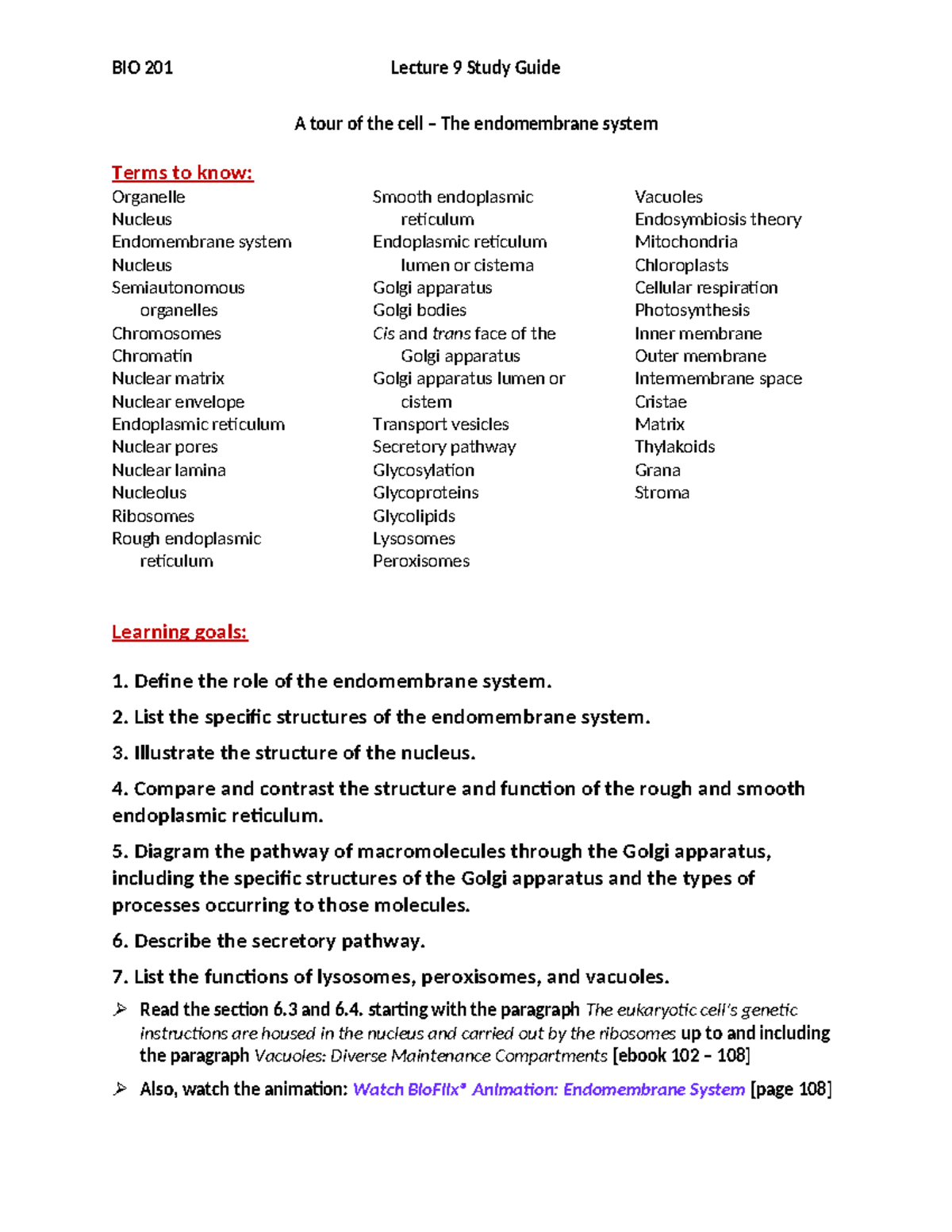 BIO 201 Final Exam Study Guide: Endomembrane System Overview - A tour ...