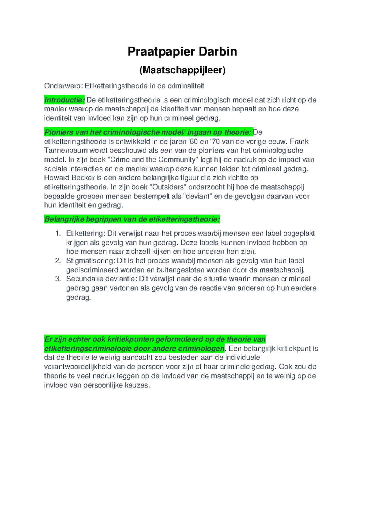 Maatschappijleer B4VB - Etiketteringstheorie & Crimineel Gedrag ...