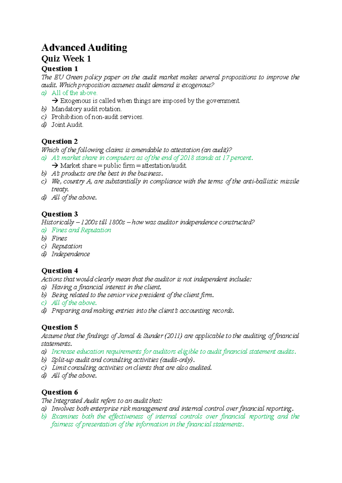 Quiz Week 1 - Advanced Auditing Overview and Key Questions - Studeersnel