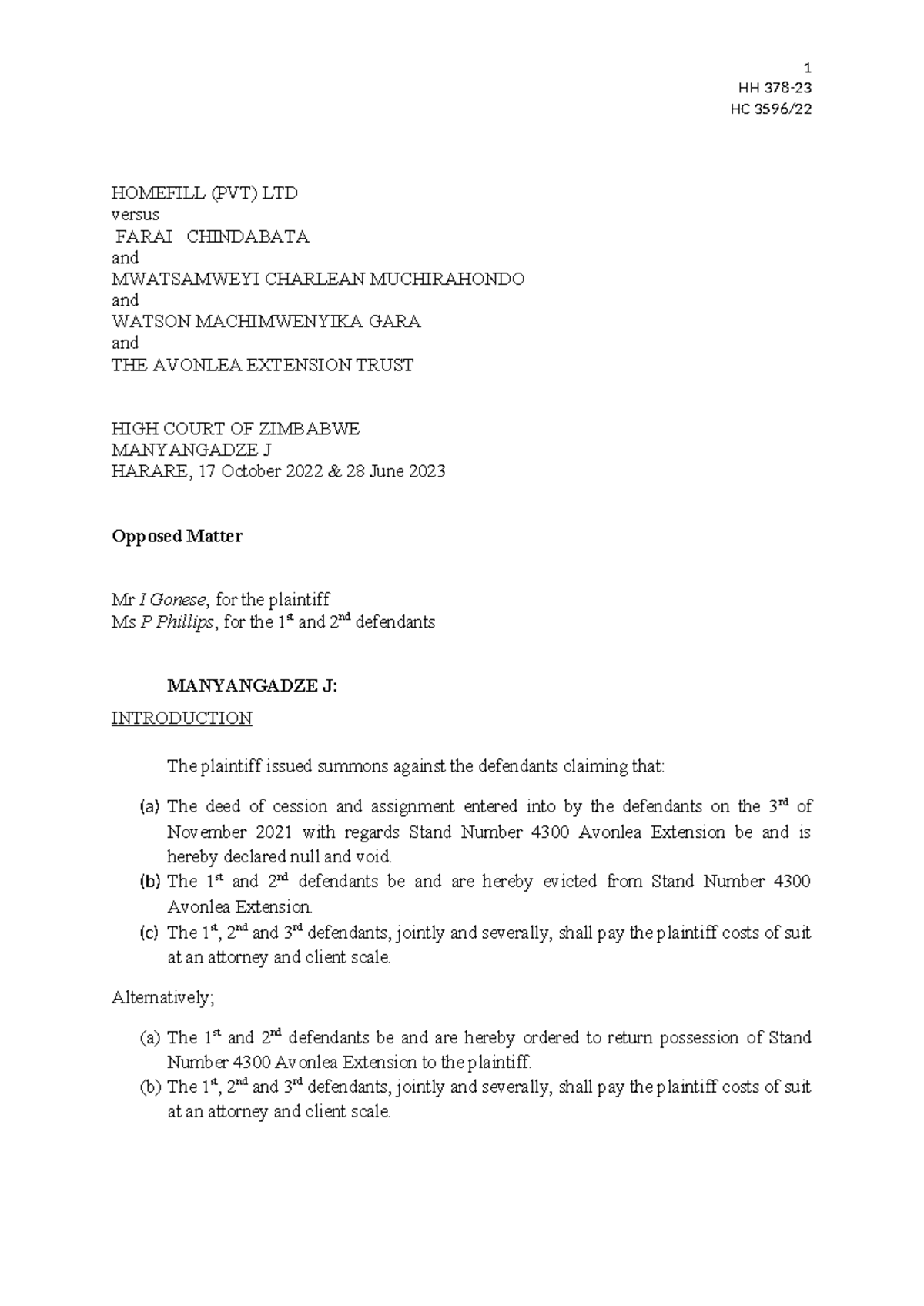 Homefill (Pvt) Ltd v Chindabata & Others: Case Analysis, HC 378/2023 ...