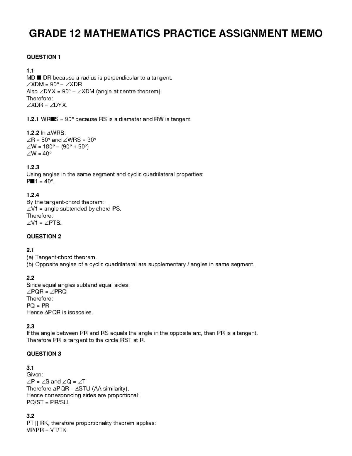 Grade 12 Mathematics Practice Assignment Memo - Studocu