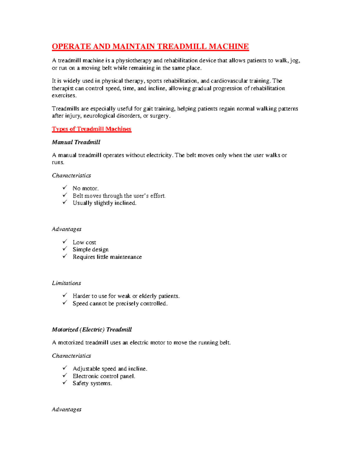 Treadmill Machine Operation & Maintenance Notes (PT 101) - Studocu