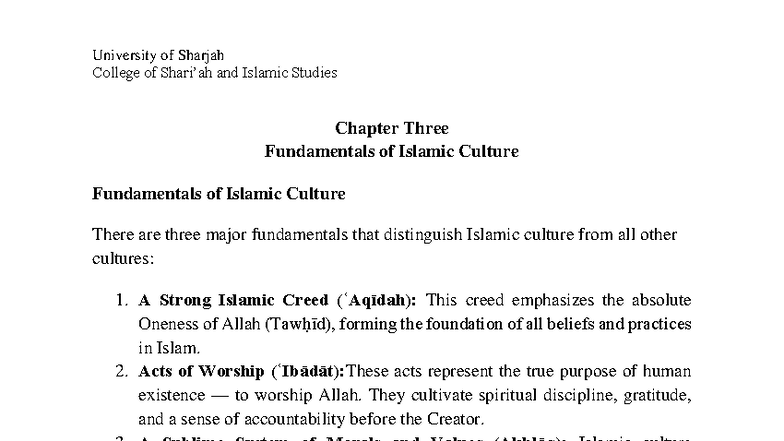 ISL 101 - Chapter 3: Fundamentals of Islamic Culture Lecture Notes ...