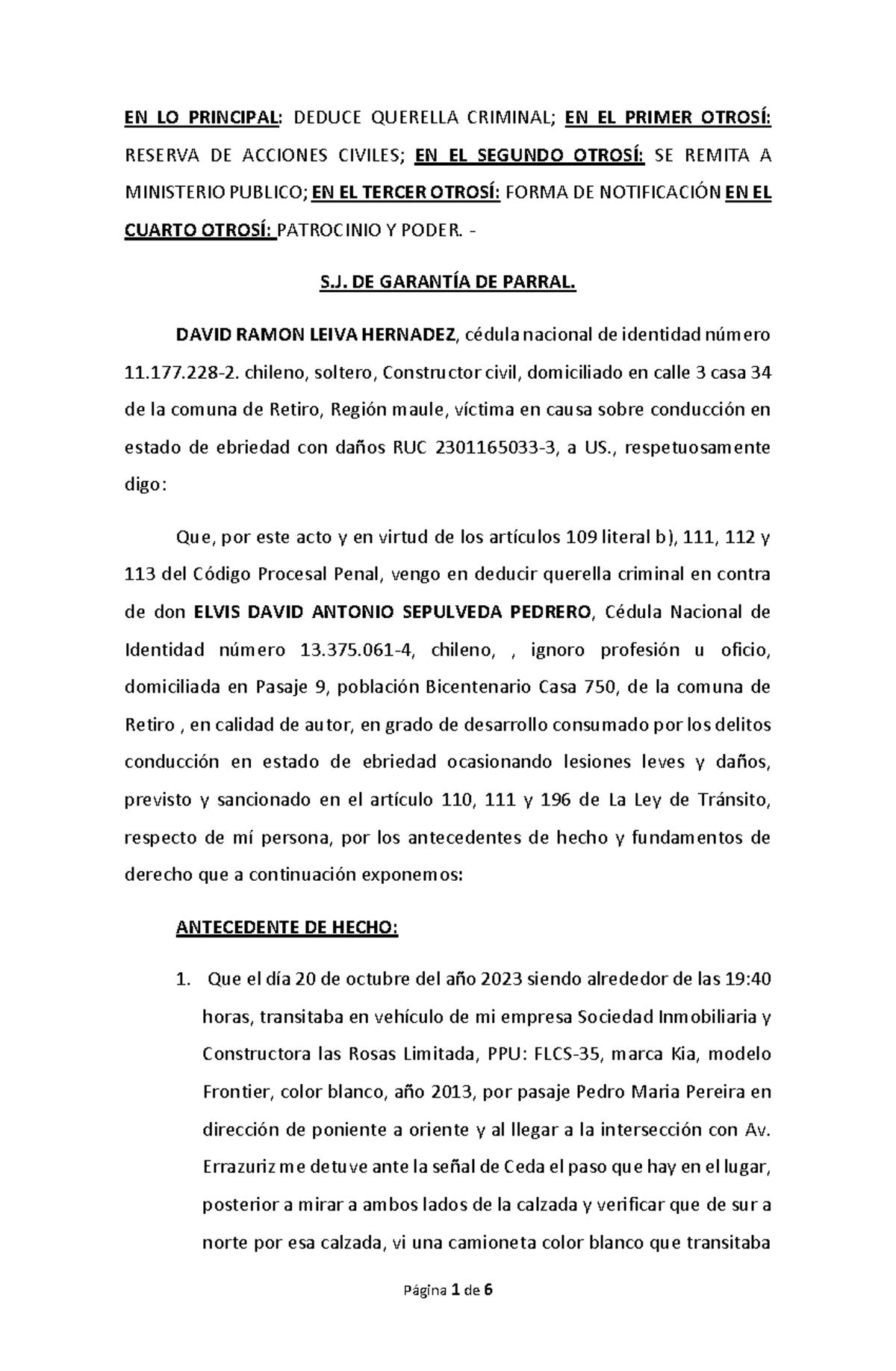Querella Criminal por Conducción en Estado de Ebridad DLH - Document Preview