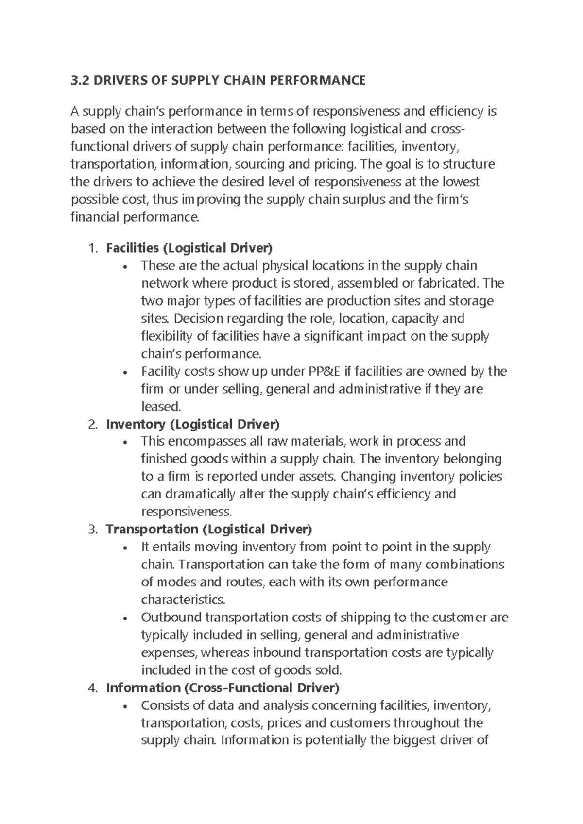 Drivers of Supply Chain Performance - Chapter 3 Summary - Studeersnel