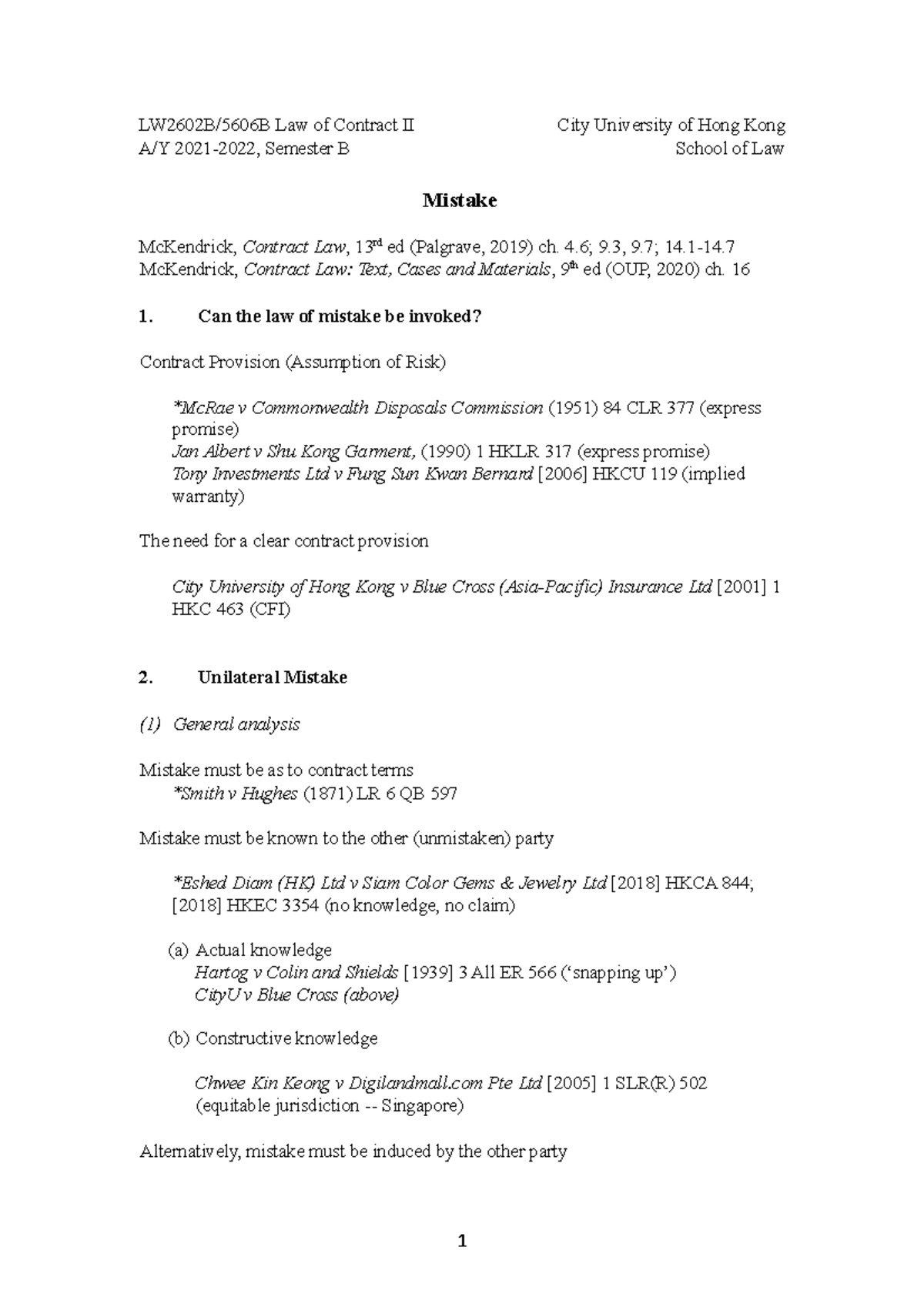 LW2602B/5606B Case Summary and Mistake Notes - Law of Contract II - Studocu
