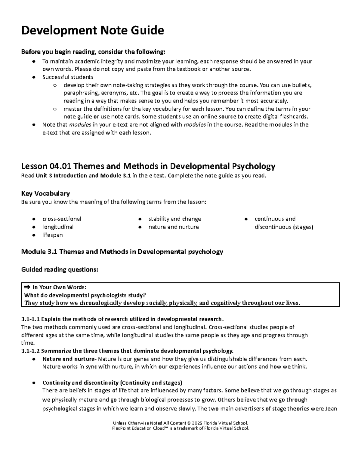 Development Note Guide: Themes and Methods in Developmental Psychology ...