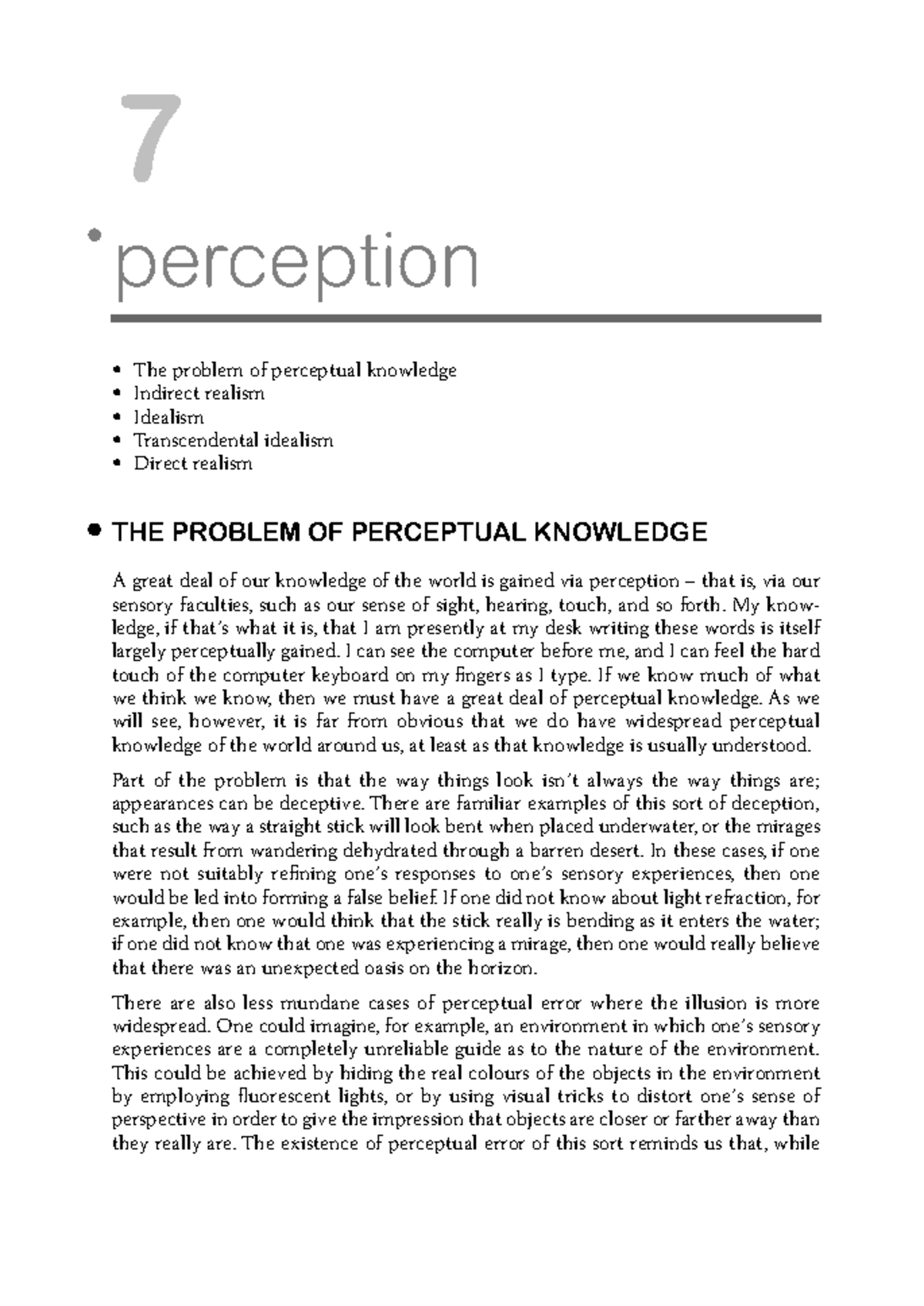 Perception and the Problem of Perceptual Knowledge: A Study (PHIL 101 ...