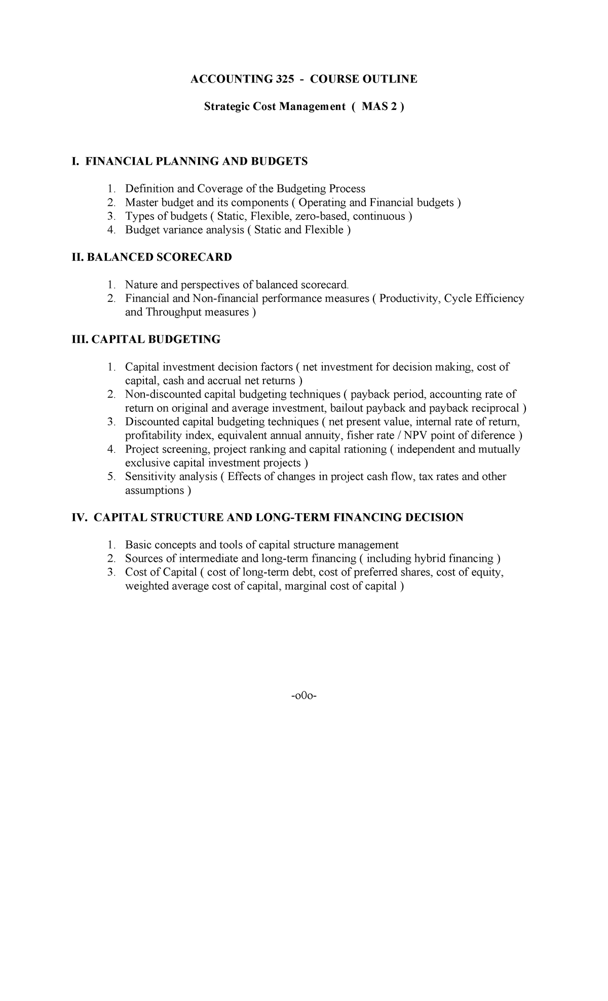ACCOUNTING 325 COURSE OUTLINE: Strategic Cost Management Overview - Studocu