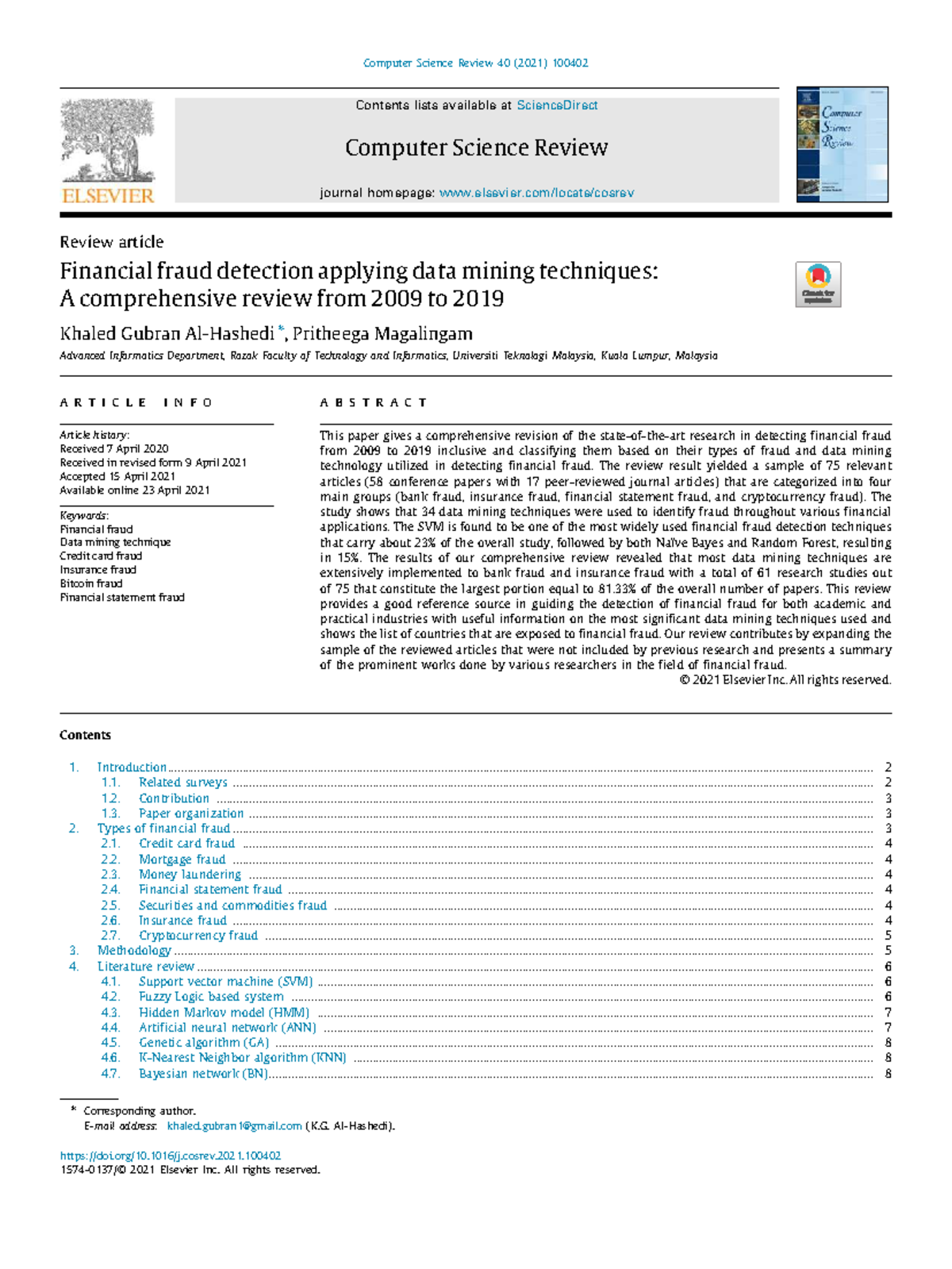 CS Review: Financial Fraud Detection via Data Mining Techniques (2009 ...
