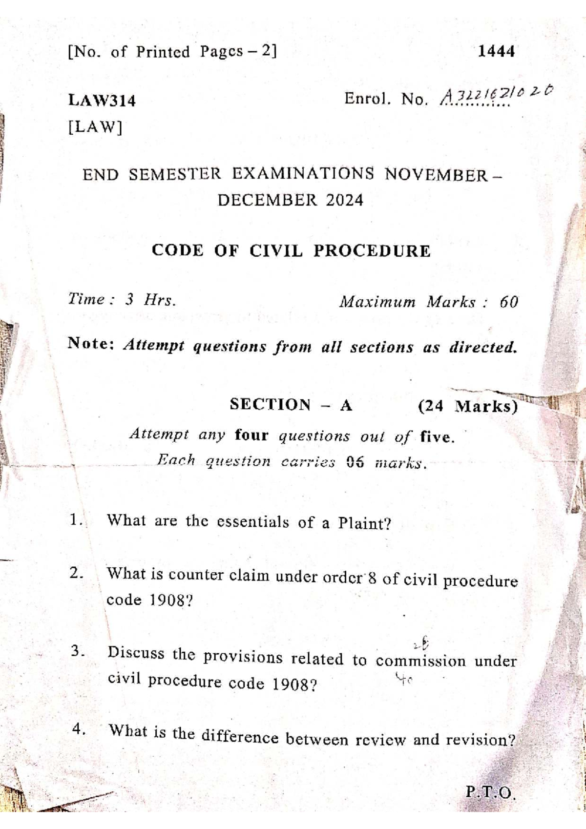 CPC Papers - LAW314 End Semester Exam Questions & Answers - Studocu