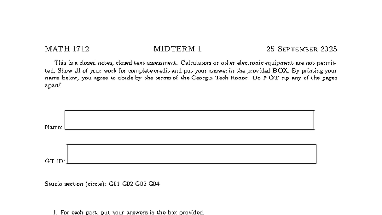 MATH 1712 MIDTERM 1 - Closed Notes Assessment Guide - Studocu