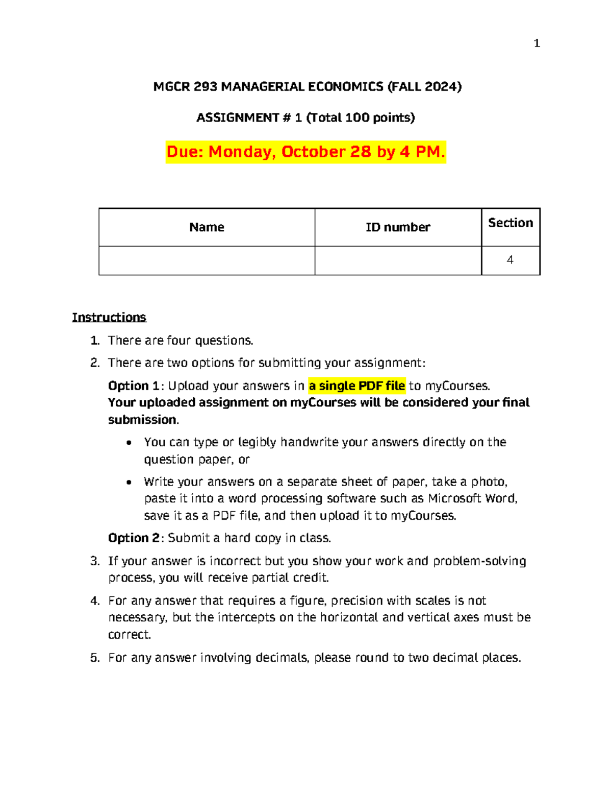 Assignment 1 practice - MGCR 293 MANAGERIAL ECONOMICS (FALL 2024 ...