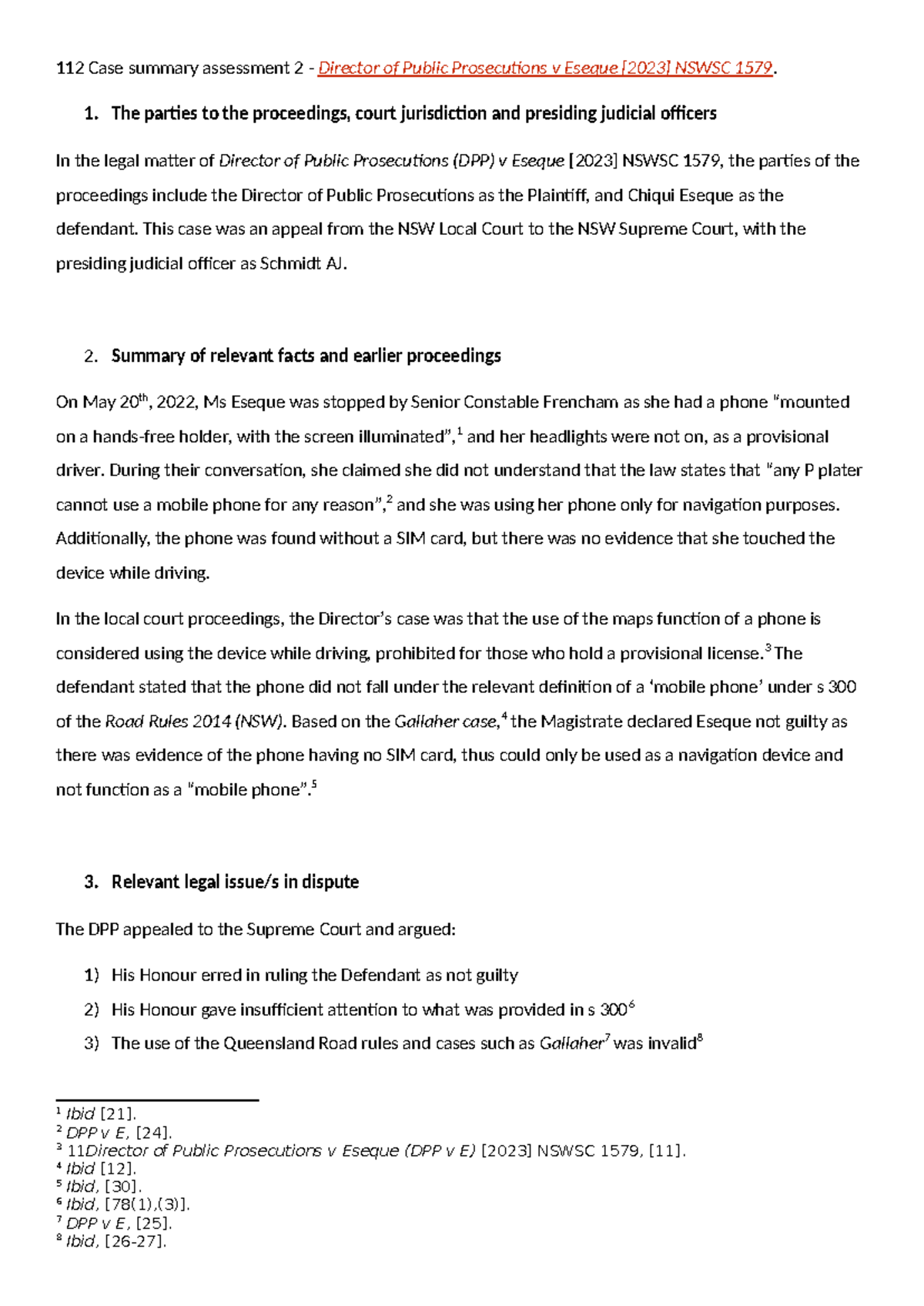 112 Case Summary: DPP v Eseque NSWSC 1579 - Legal Analysis - Studocu