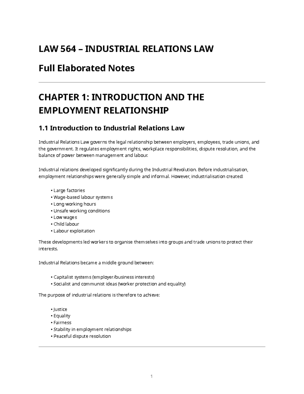 LAW 564 INDUSTRIAL RELATIONS LAW Comprehensive Notes on Employment ...