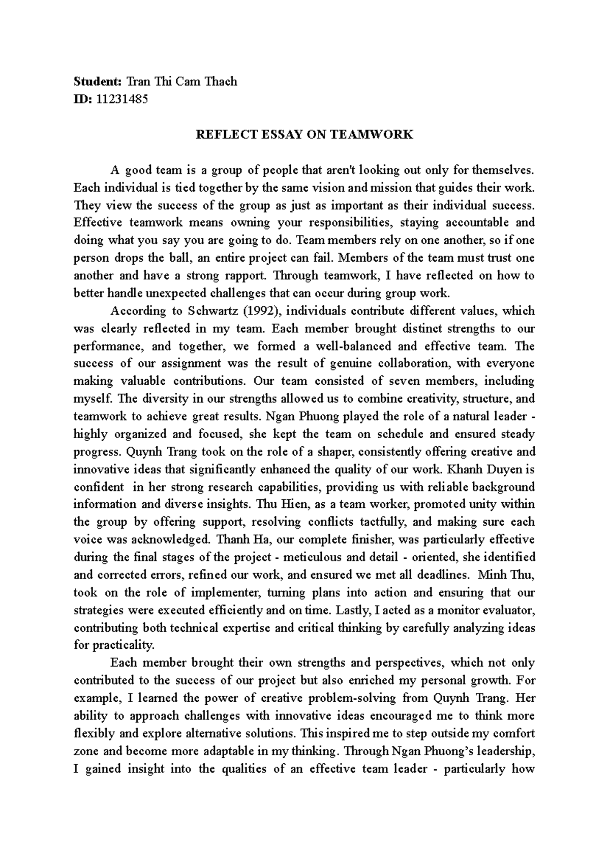 REFLECTIVE ESSAY ON TEAMWORK - ID: 11231485 - Tran Thi Cam Thach - Studocu