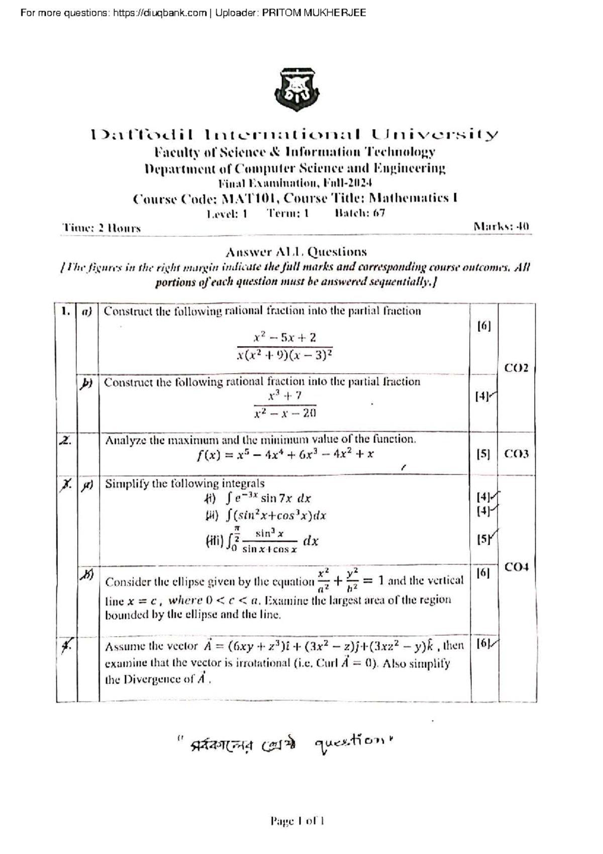 MAT101 - Mathematics I Final Exam Notes - Fall 2024 - Studocu