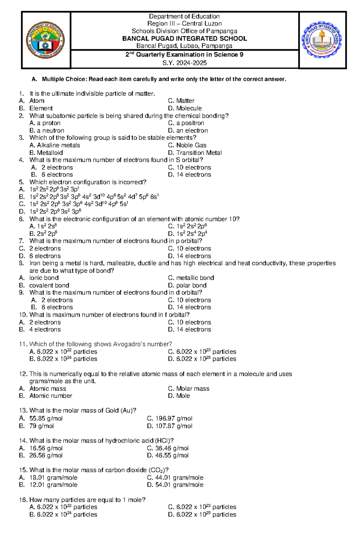 Grade 9 2nd Periodical Test in Science: Multiple Choice Questions - Studocu