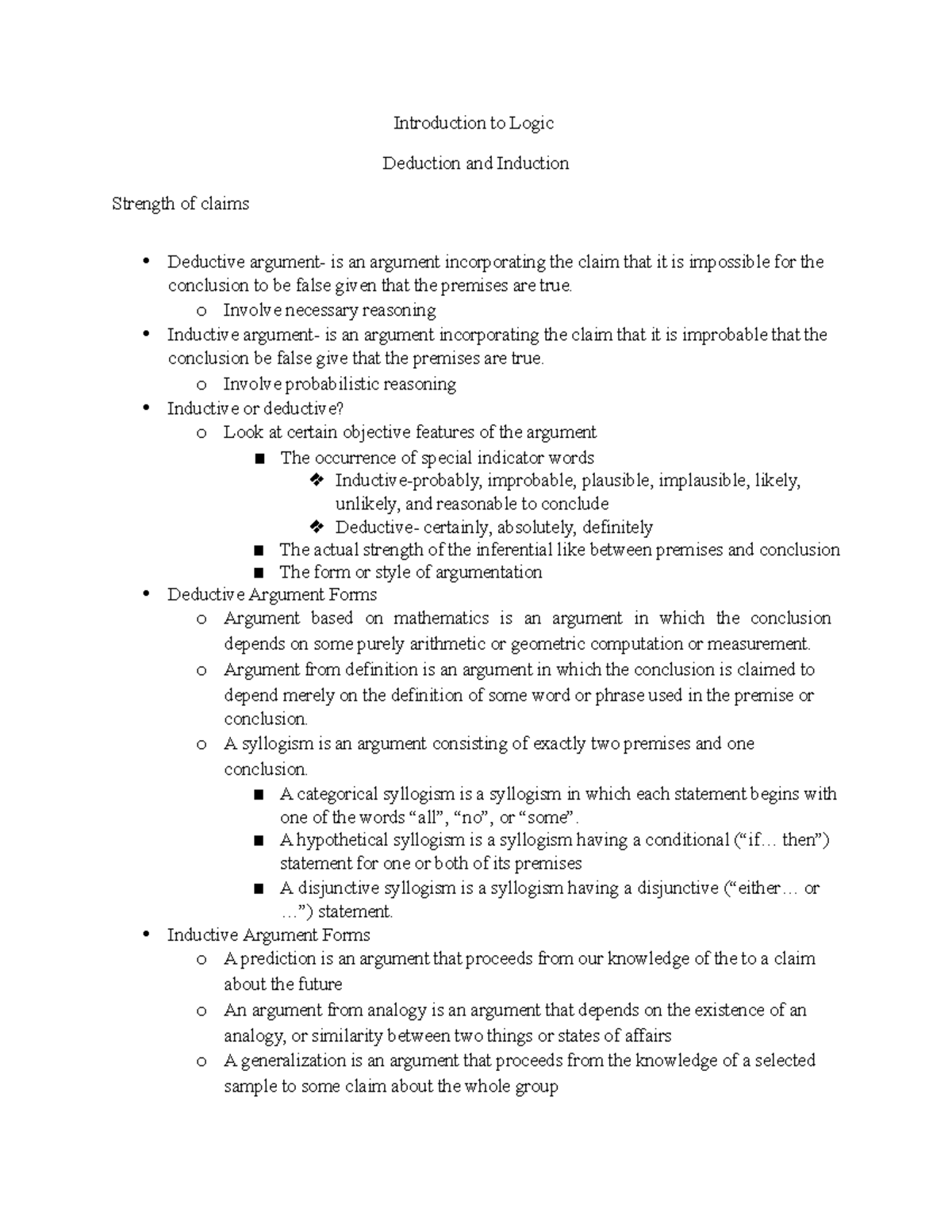 Introduction to Logic - Deduction and Induction. - Strength of claims ...