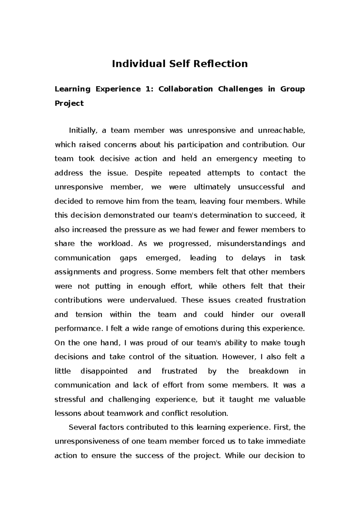 AMB299 Individual Reflection on Team Collaboration Challenges - Studocu