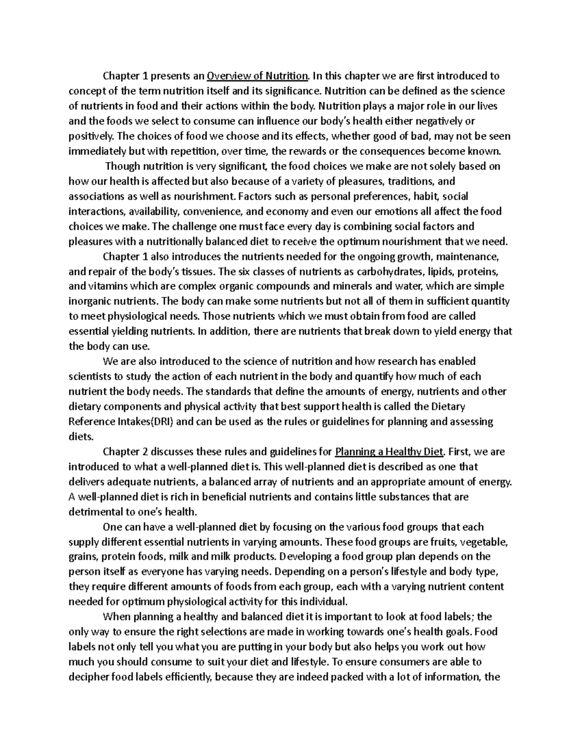 Nutrition Chapter 1 Summary Chapter 1 Presents An Overview Of