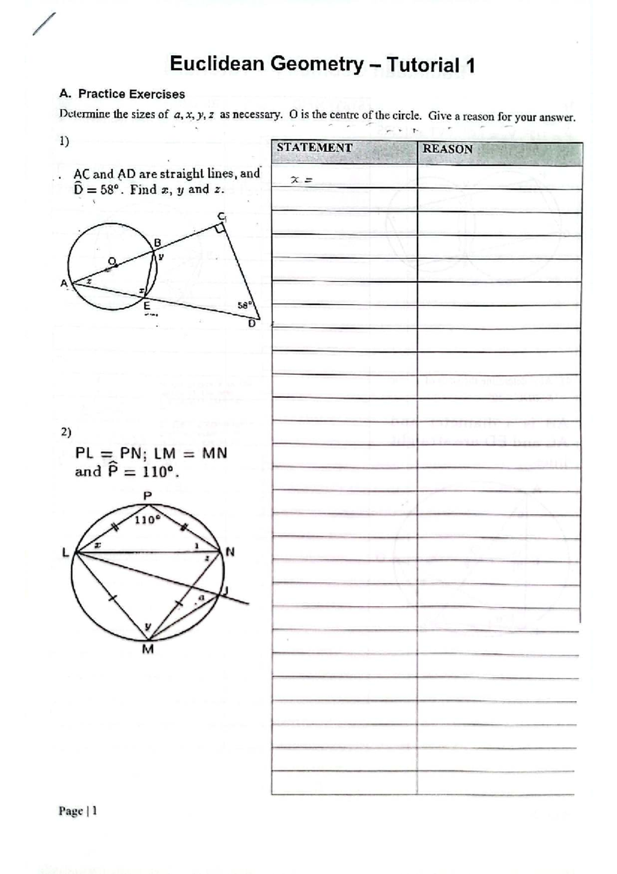 Euclidean Geometry Tutorial 1: Practice & Advancement Exercises - Studocu