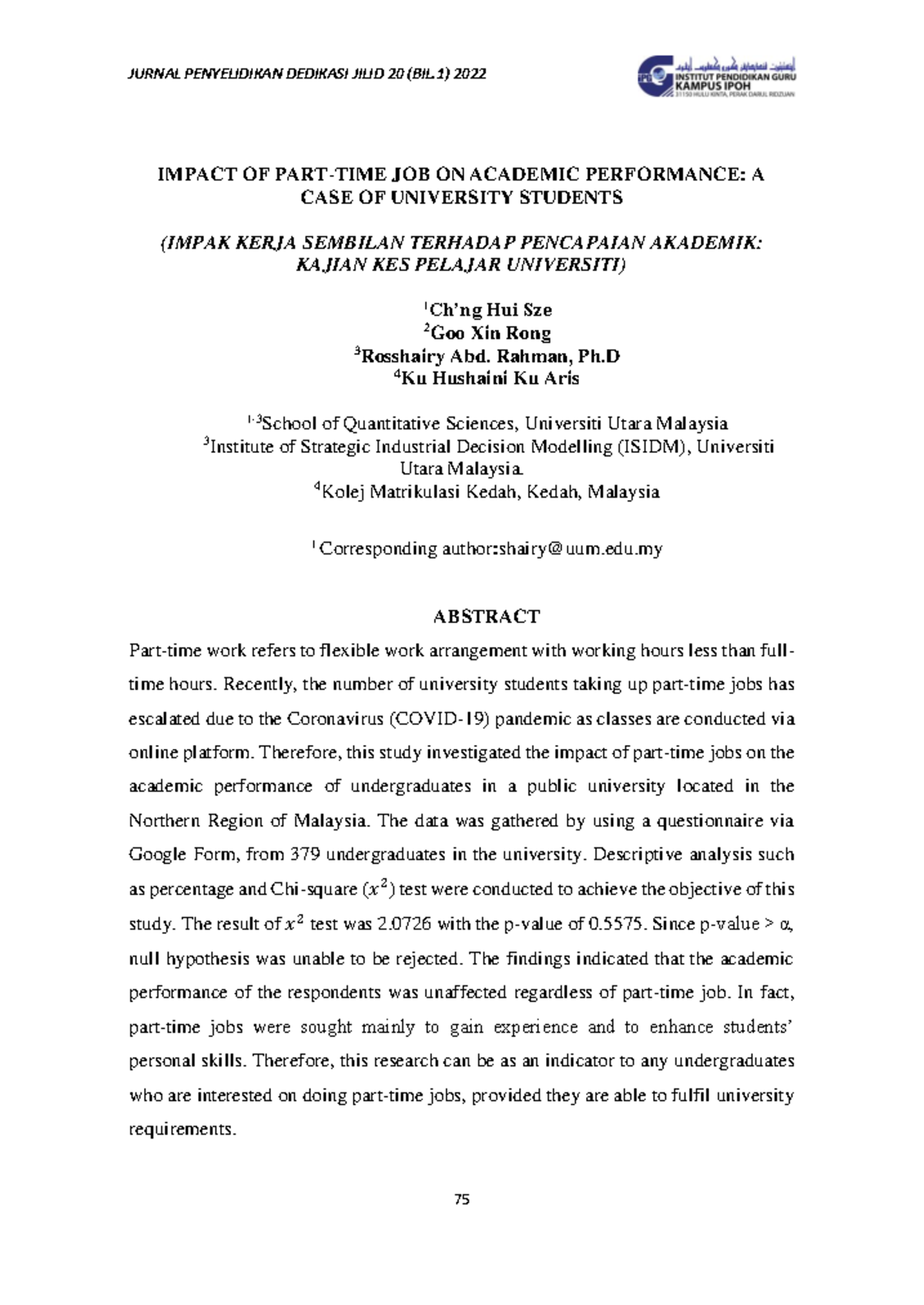 Impact of Part-Time Work on Academic Performance: A Case Study of ...