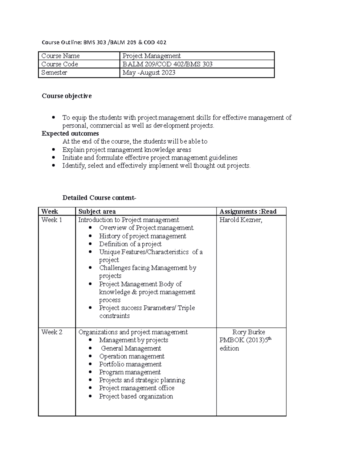BMS 303 Project Management Course Outline: May-Aug 2023 - Studocu