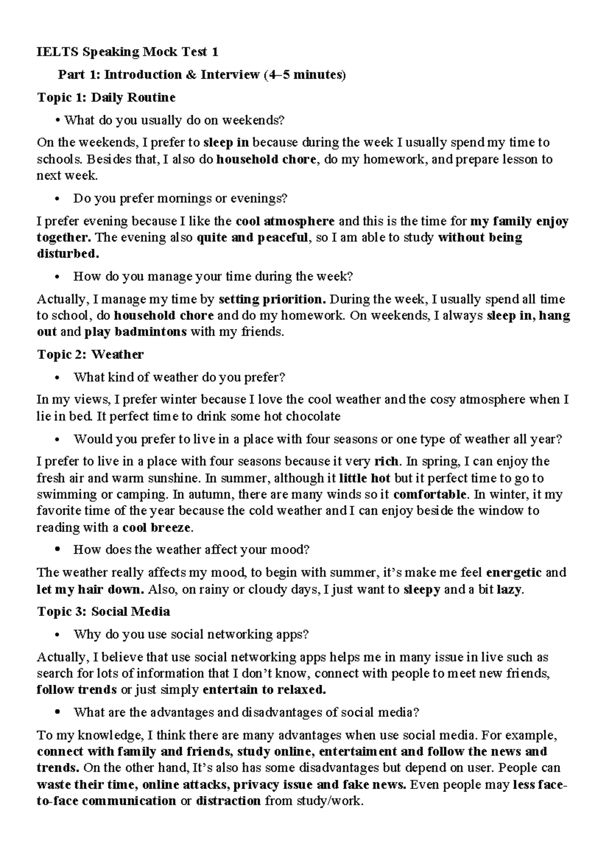 IELTS Speaking Mock Test 1 & 3: Daily Routine, Weather, Music, and ...