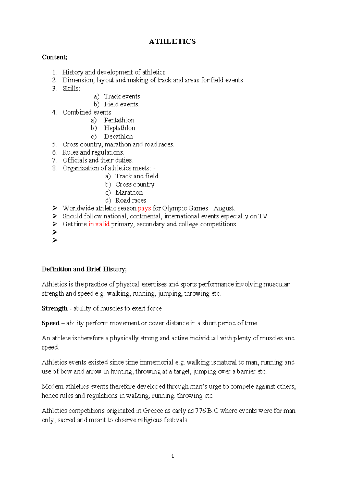 PE Athletics 1: Comprehensive Notes on Track and Field Events - Studocu