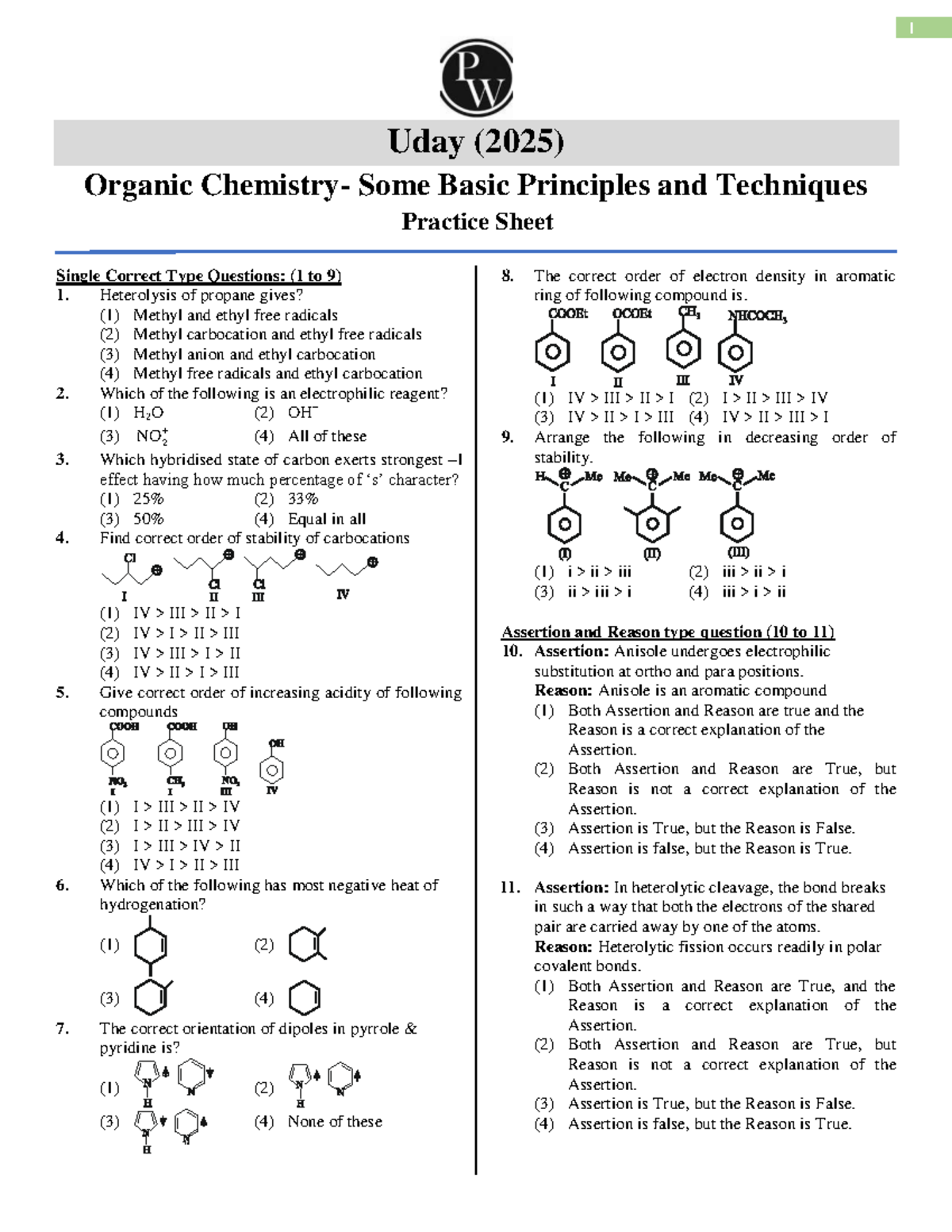 Organic Chemistry 1 Practice Sheet: Basic Principles & Techniques - Studocu
