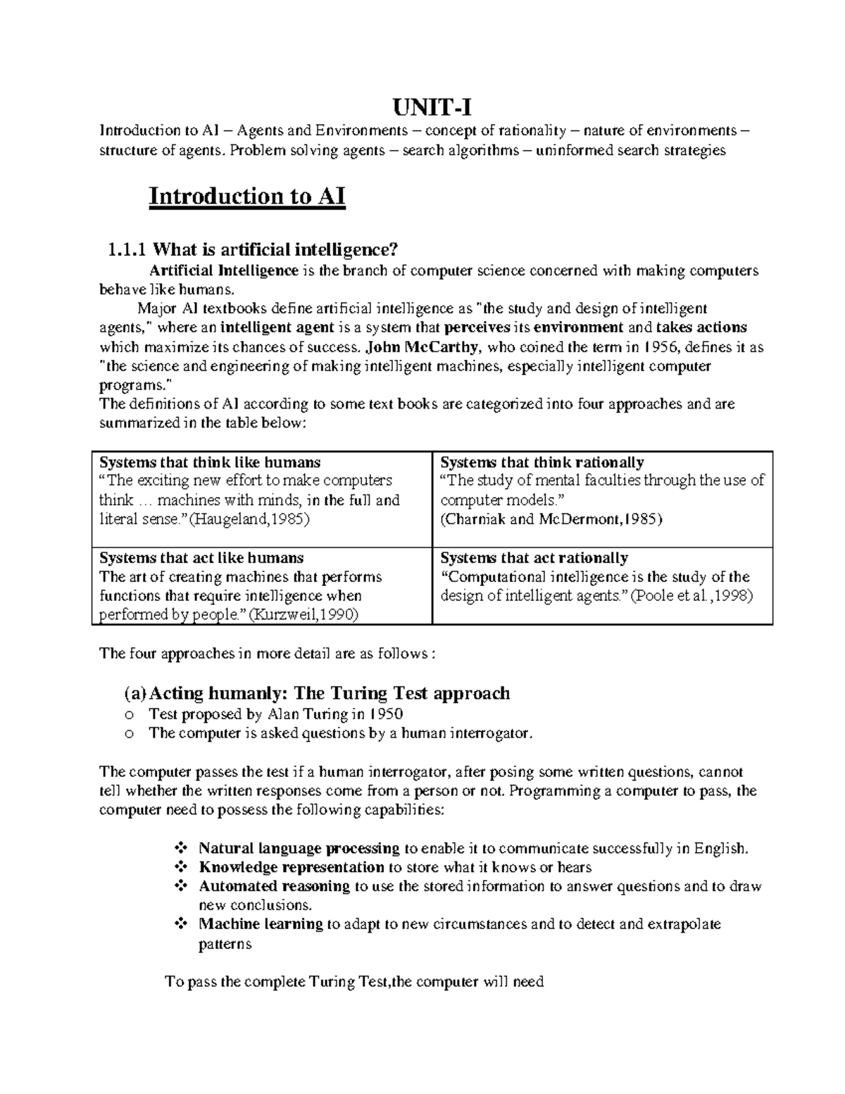 AI101: Unit I Notes on Artificial Intelligence - Concepts & Agents ...