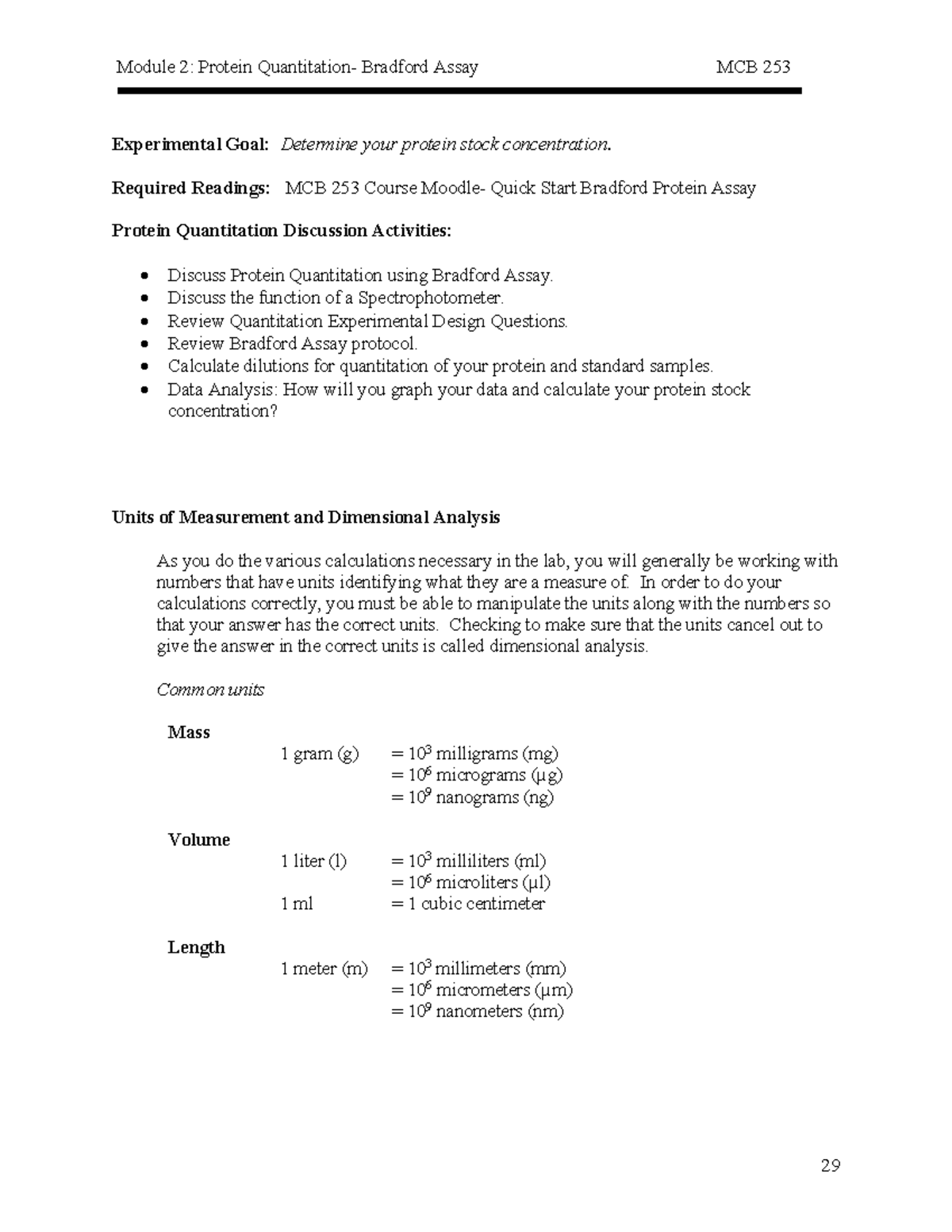 Quantitative Protein Analysis Using Bradford Assay - MCB 253 - Studocu