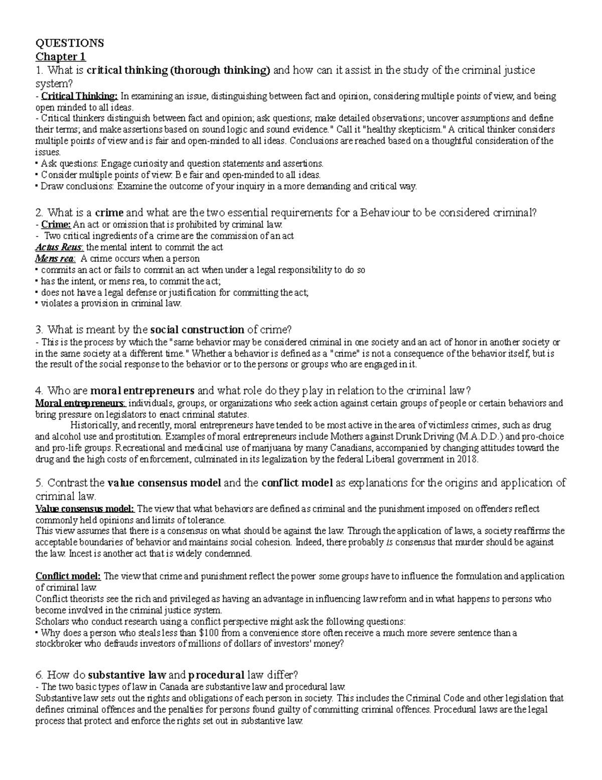 Key Questions for Criminal Justice Exam 1: Critical Thinking Overview ...