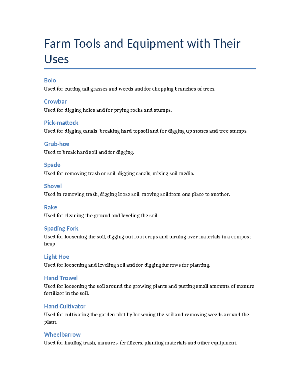 Farm Tools and Equipment: Uses and Functions Guide - Studocu