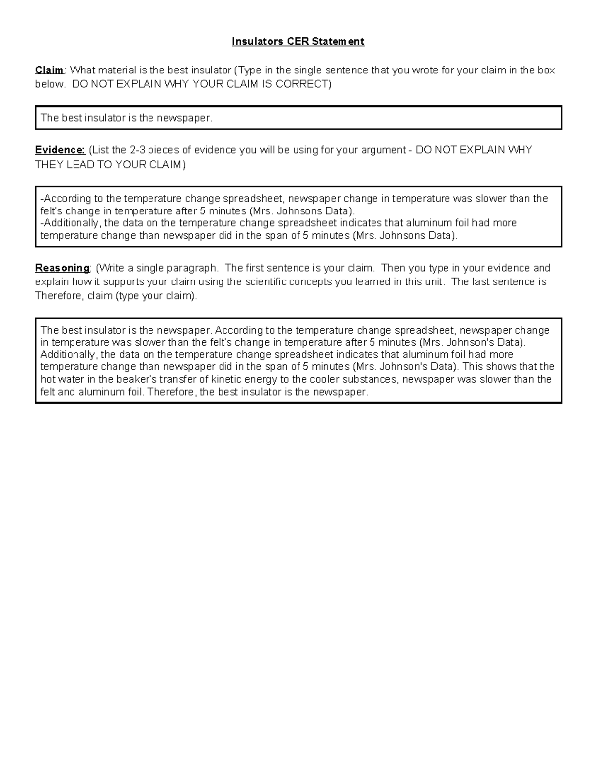 Insulators CER Statement: Best Insulator Analysis (Science 101) - Studocu