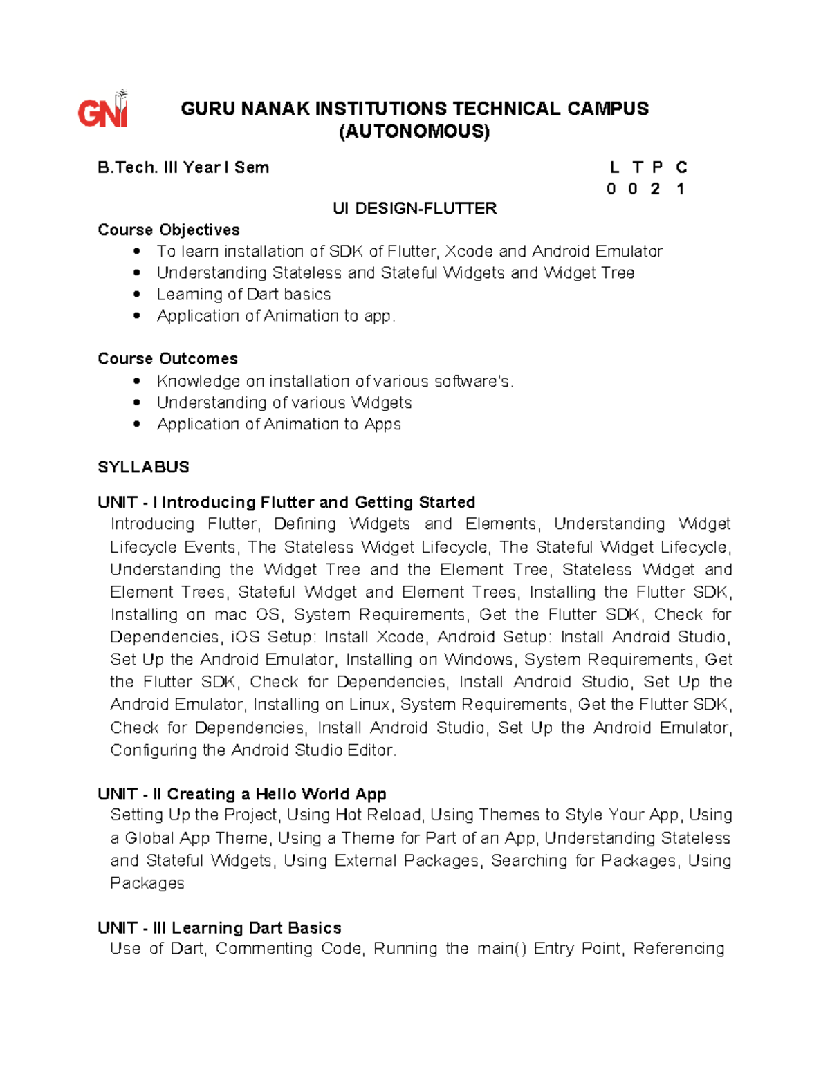 UI DESIGN - FLUTTER (B. III Year I Sem) Lab Syllabus & Content - Studocu