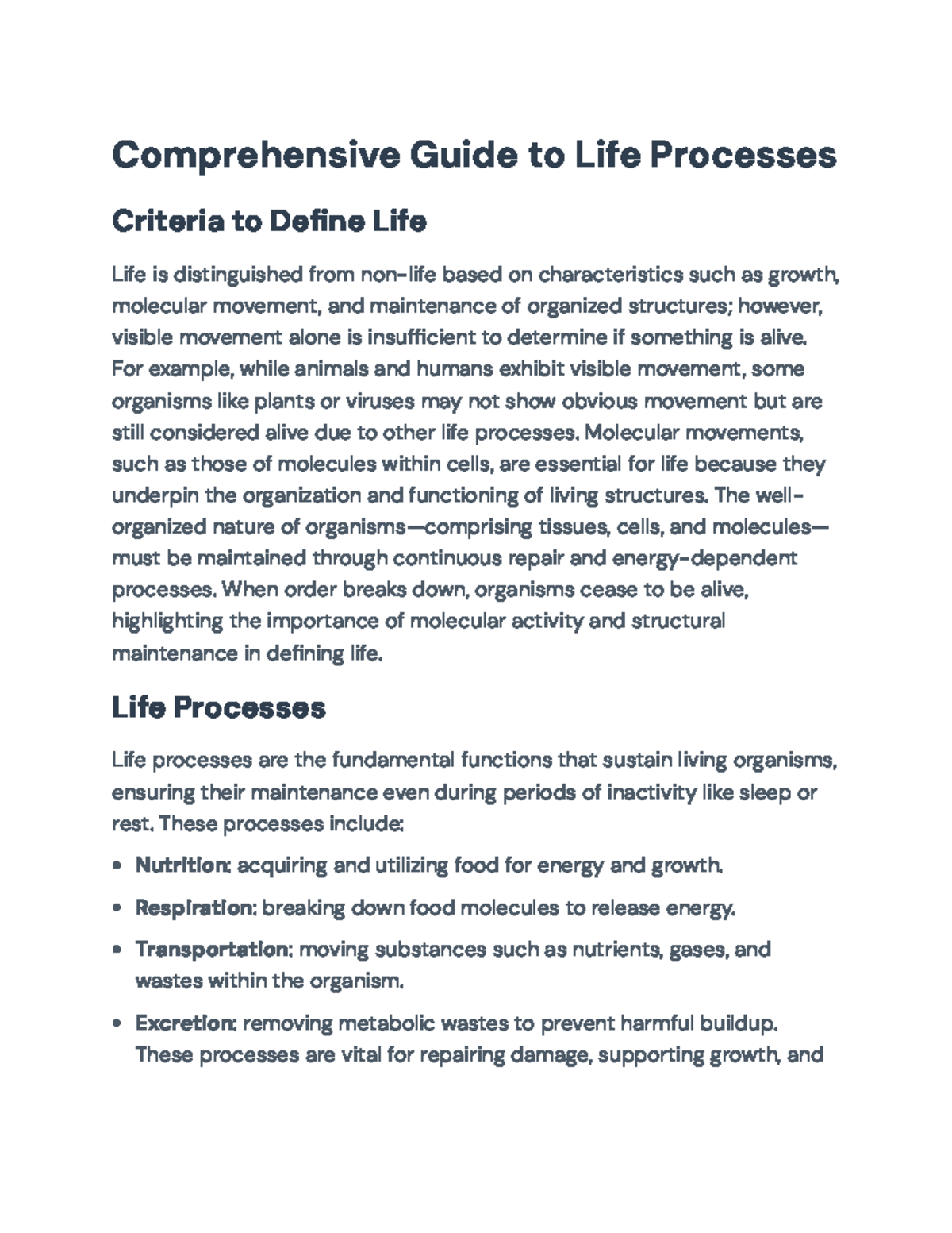 Comprehensive Overview of Life Processes (BIO 101) - Studocu
