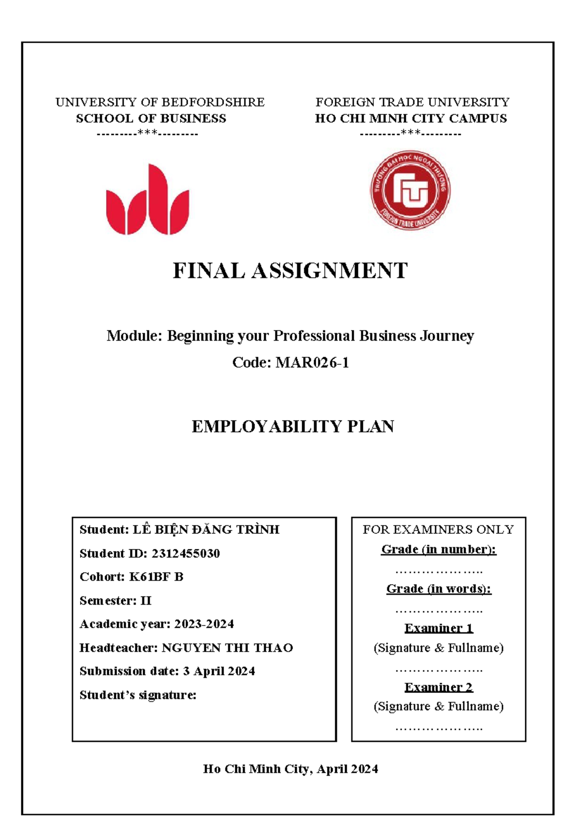Employability Plan for Module MAR026 - Lê Biện Đăng Trình - Studocu