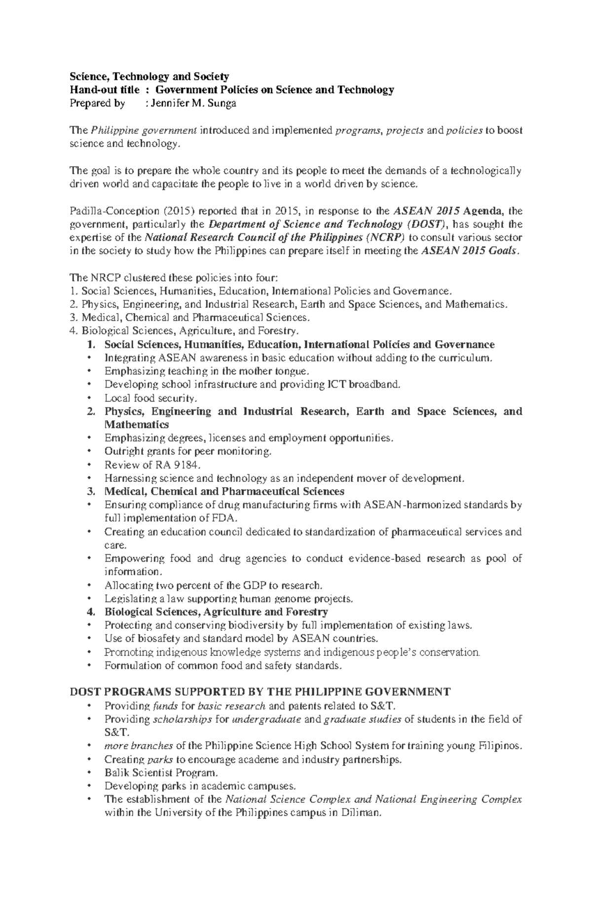 Government Policies on Science and Technology - Handout - Studocu