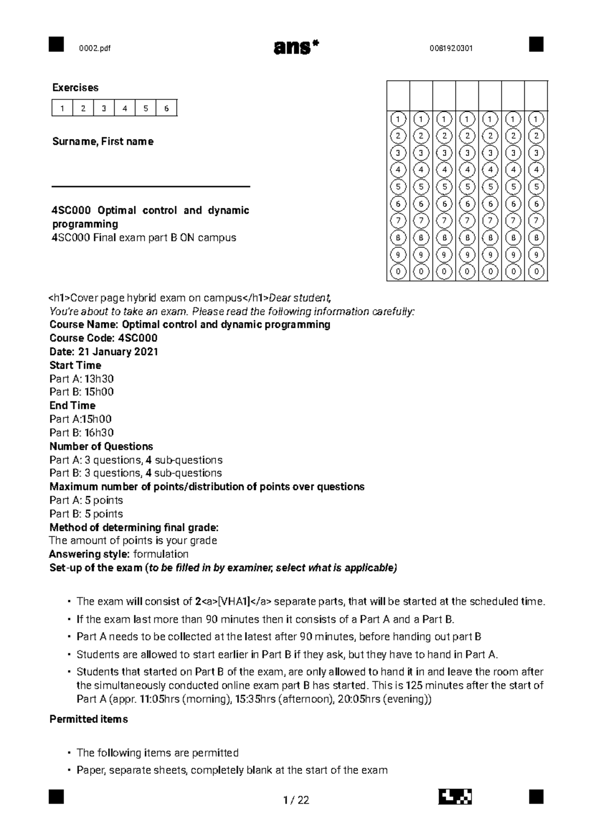 Final Exam Guide for Optimal Control & Dynamic Programming (4SC000 ...