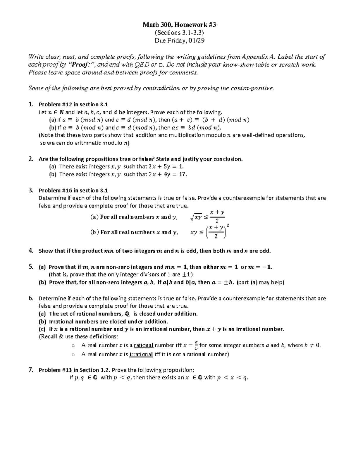 Homework 3 - Math 300, Homework (Sections Due Friday, Write clear, neat ...